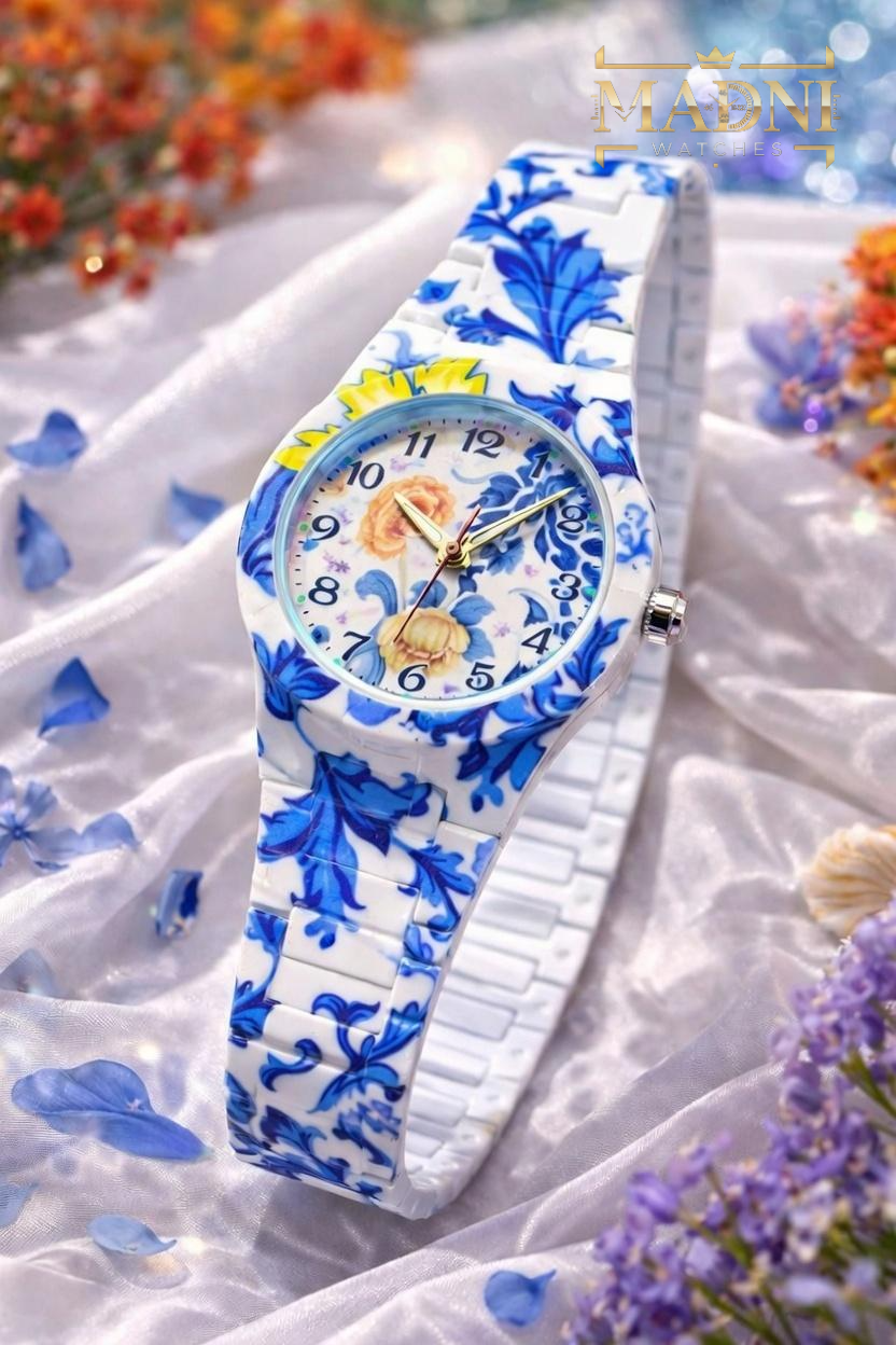 AURA Floral Print Watch – Lightweight Fiber, Butterfly Lock, Pretty Colors - Madni Watches