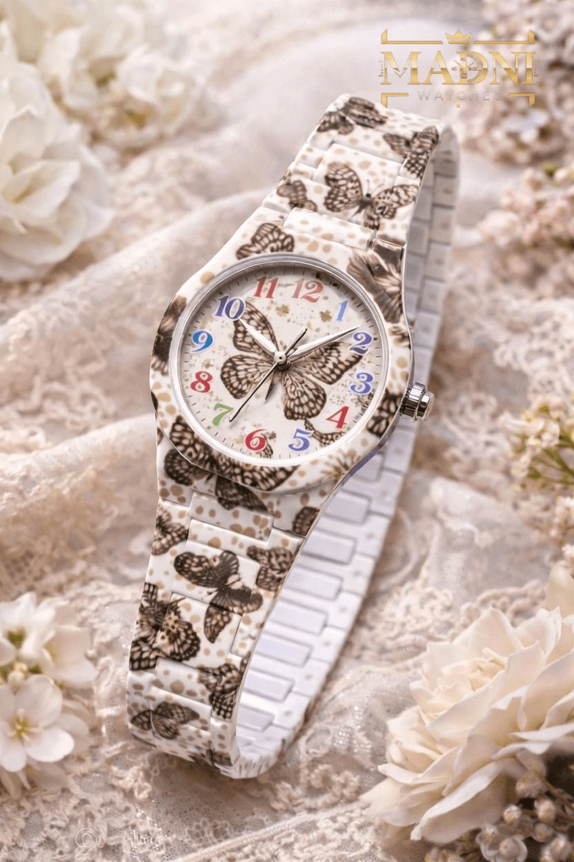 AURA Floral Print Watch – Lightweight Fiber, Butterfly Lock, Pretty Colors - Madni Watches
