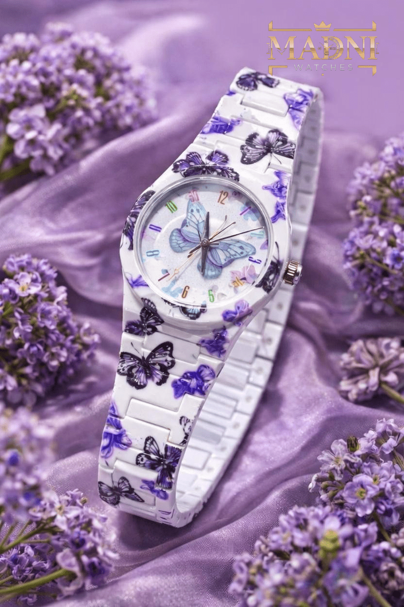 AURA Floral Print Watch – Lightweight Fiber, Butterfly Lock, Pretty Colors - Madni Watches