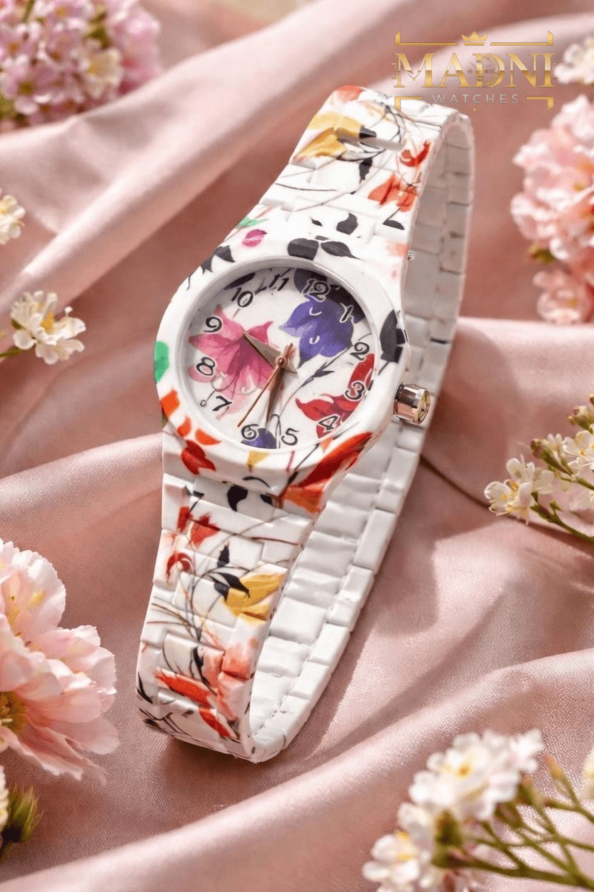 AURA Floral Print Watch – Lightweight Fiber, Butterfly Lock, Pretty Colors (Second Variants) - Madni Watches
