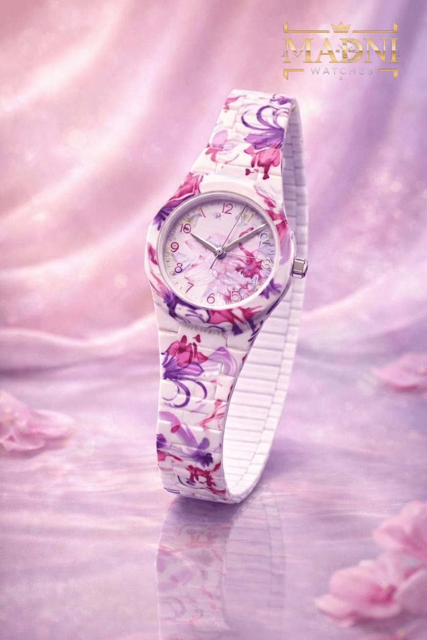 AURA Floral Print Watch – Lightweight Fiber, Butterfly Lock, Pretty Colors (Third Variants) - Madni Watches